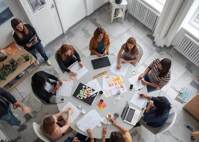 Photo d'un groupe de travail en plein atelier avec l'enseignant en retrait