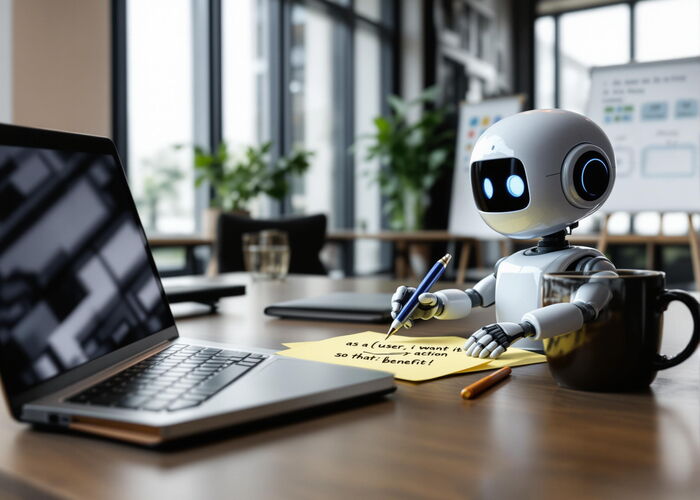 Photo : Un robot écrivant des User Stories