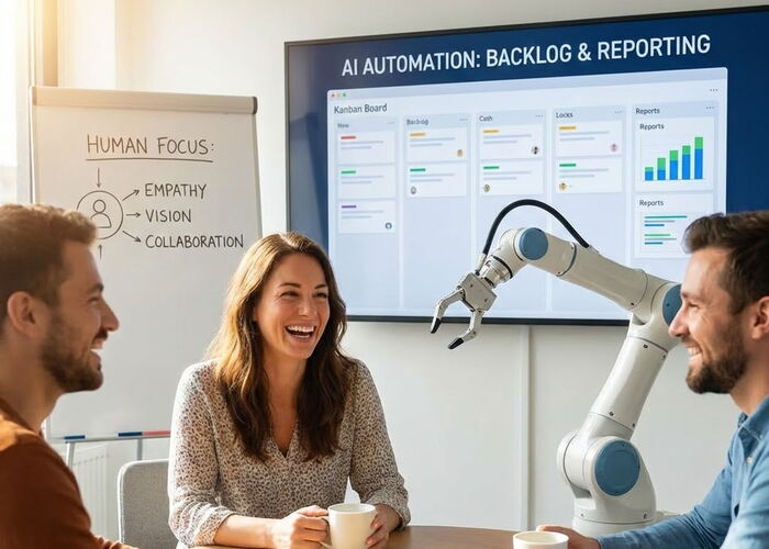 Photo : 3 personnes qui prennent le temps d'échanger ensemble en laissant l'IA automatiser les tâches administratives