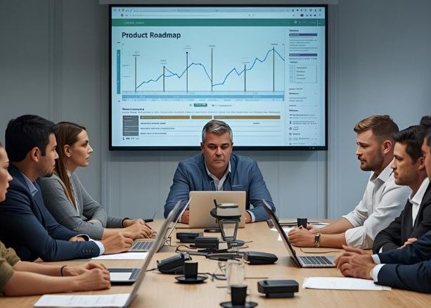 Photo représentant des managers produits lors d'une revue de roadmap dans un contexte tendu