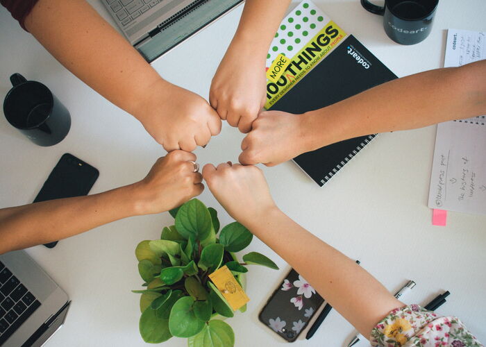 Photo : Vue du dessus de 5 poings rassembler en signe de cohésion d'équipe