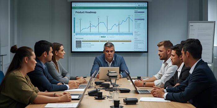 Photo représentant des managers produits lors d'une revue de roadmap dans un contexte tendu