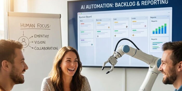 Photo : 3 personnes qui prennent le temps d'échanger ensemble en laissant l'IA automatiser les tâches administratives