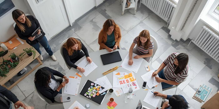 Photo d'un groupe de travail en plein atelier avec l'enseignant en retrait