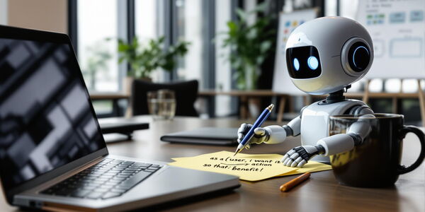 Photo : Un robot écrivant des User Stories