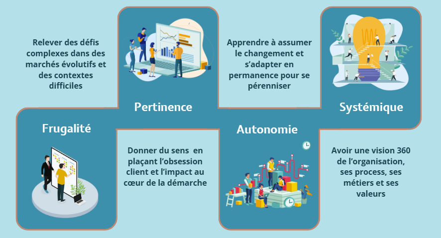 Schéma : Nos expertises s'articulent autour de quatre objectifs : la frugalité en cherchant l'essentiel, la pertinence pour votre business, la construction de votre autonomie et une vision systémique d'ensemble