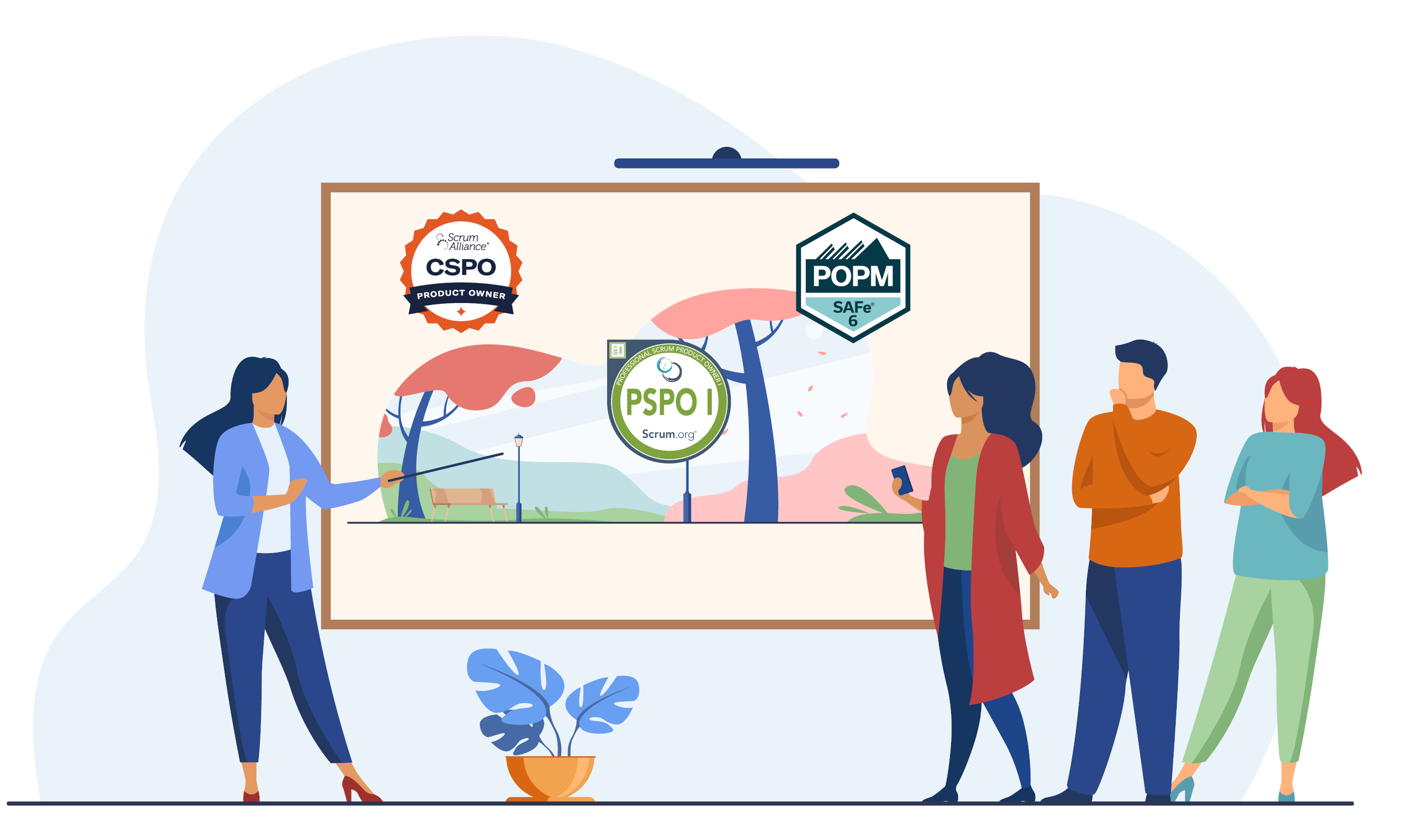 Illustration : Une femme présentant sur un tableau les 3 principales certifications PO à 3 collègues