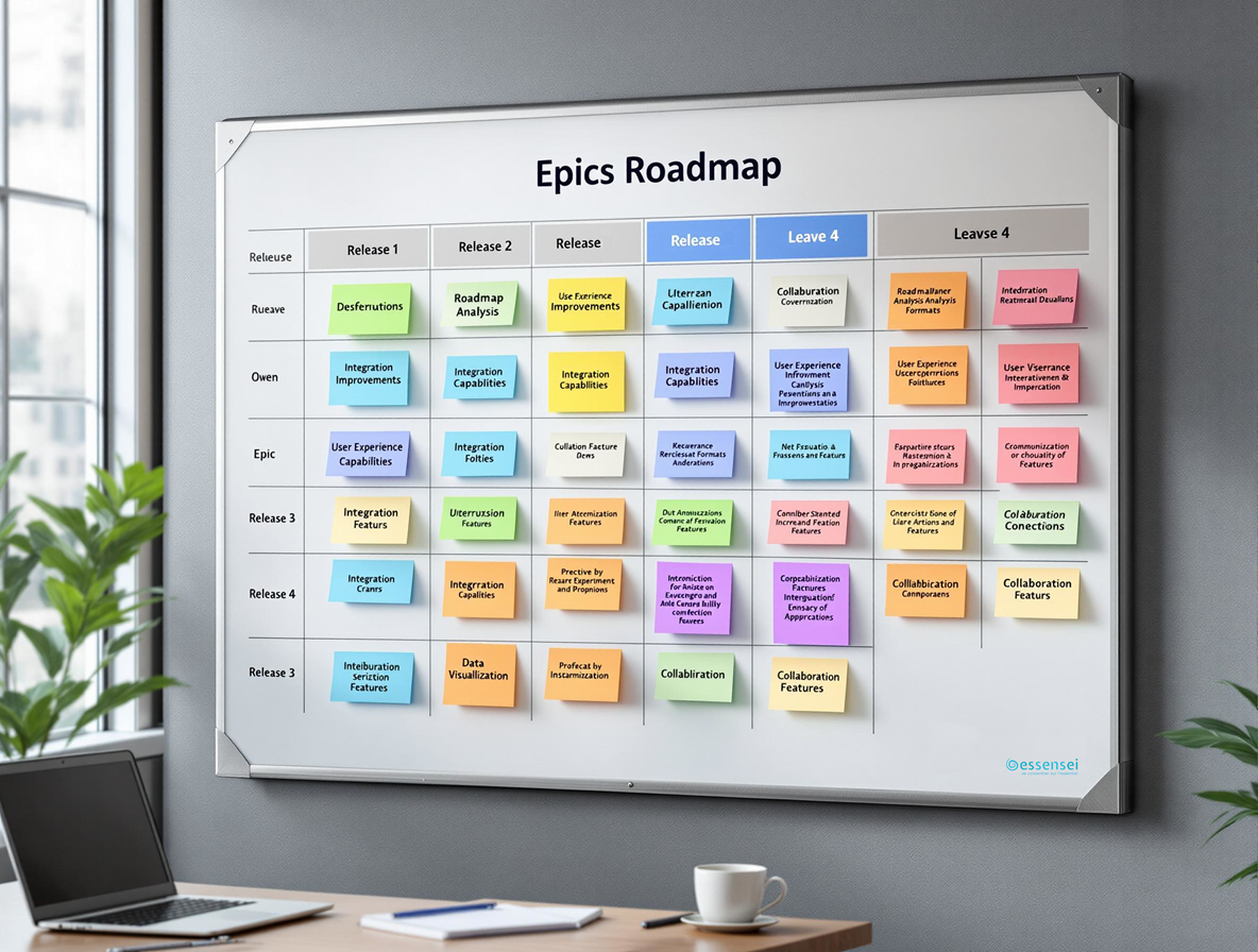 Photo : Tableau blanc présentant une roadmap d'epics