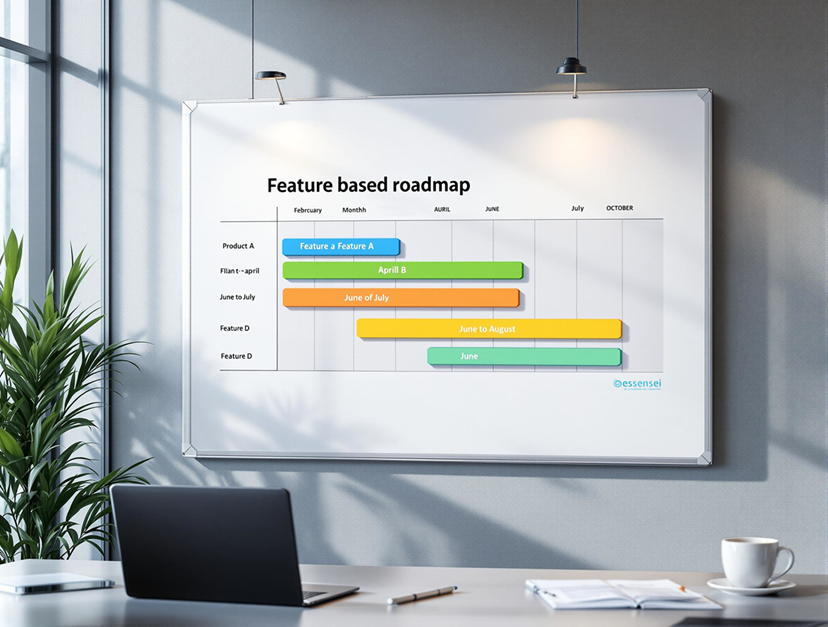 Photo : Un tableau blanc présentant une roadmap de fonctionnalités