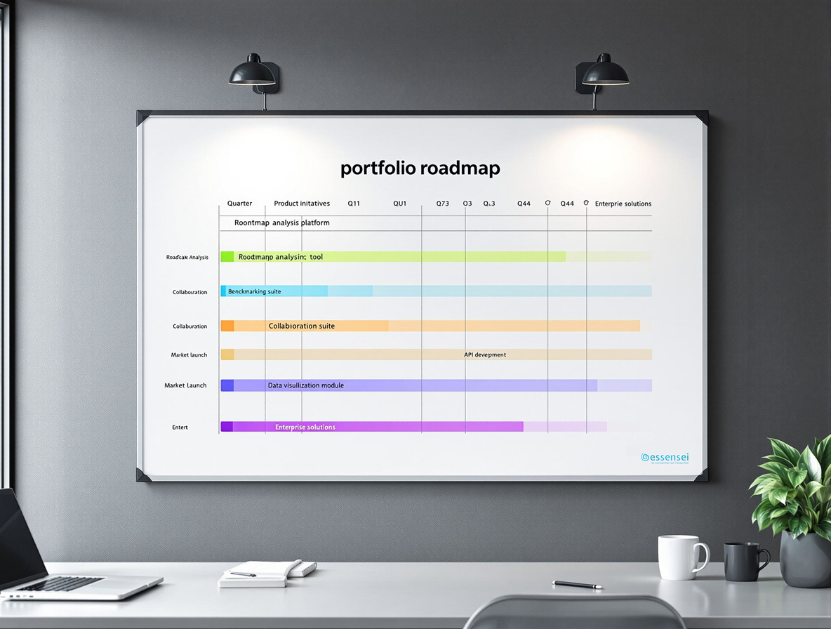 Photo : Tableau blanc présentant une roadmap de portefeuille