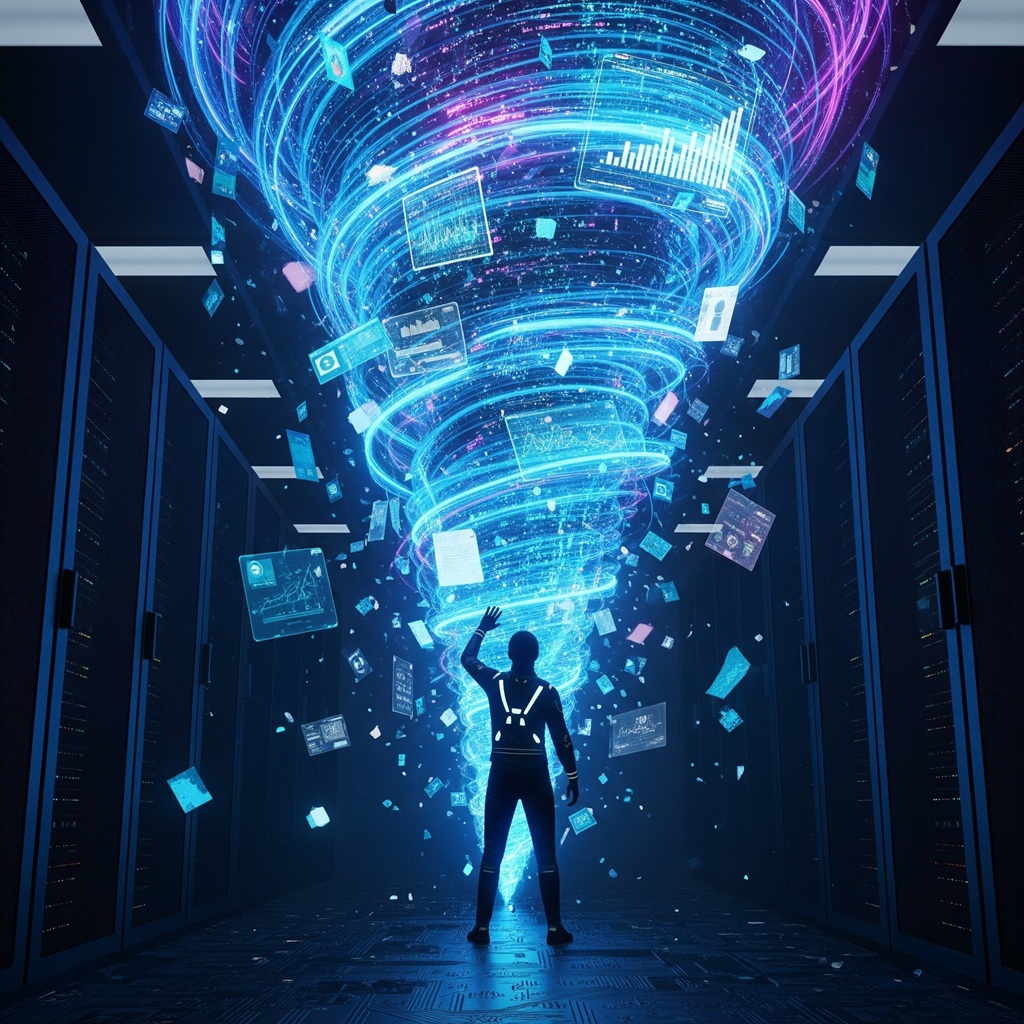 Illustration : Une personne devant un cyclone de données qui déferlent sur elle