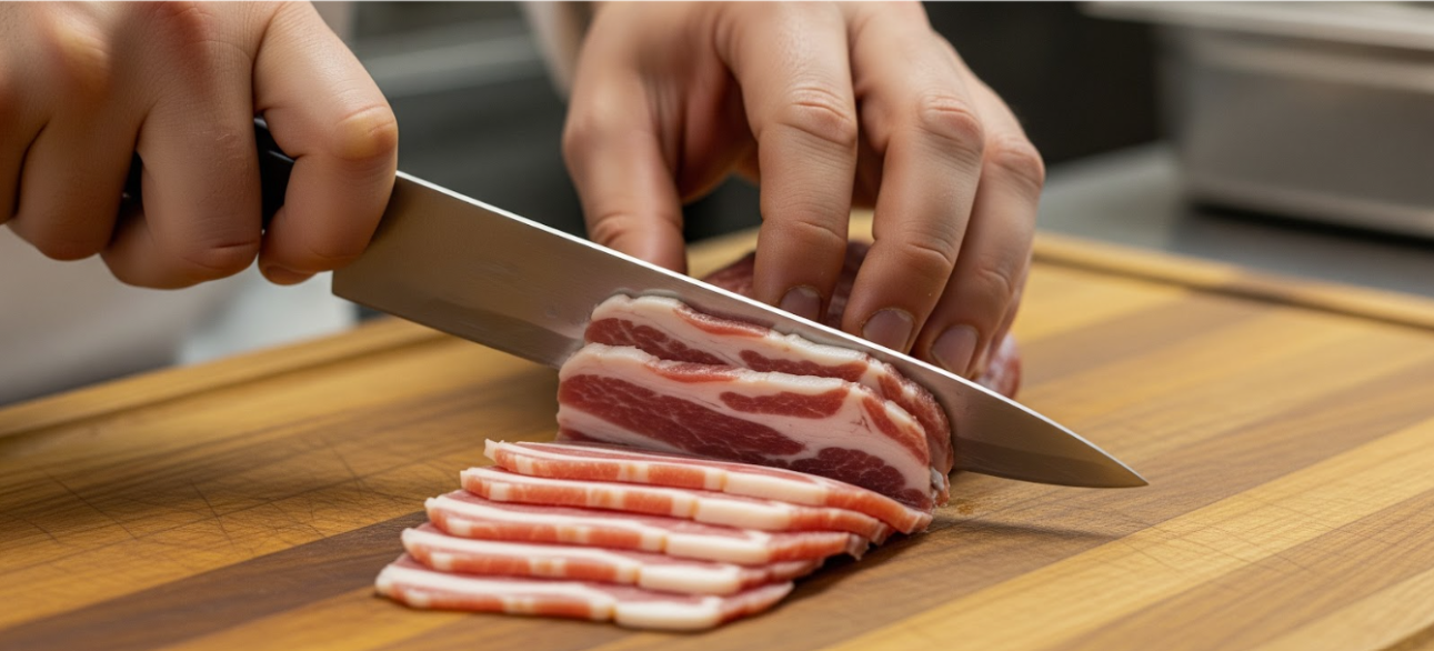 Photo : Gros plan sur le couteau d'un cuisinier qui d&eacute;coupe de fines tranches de bacon